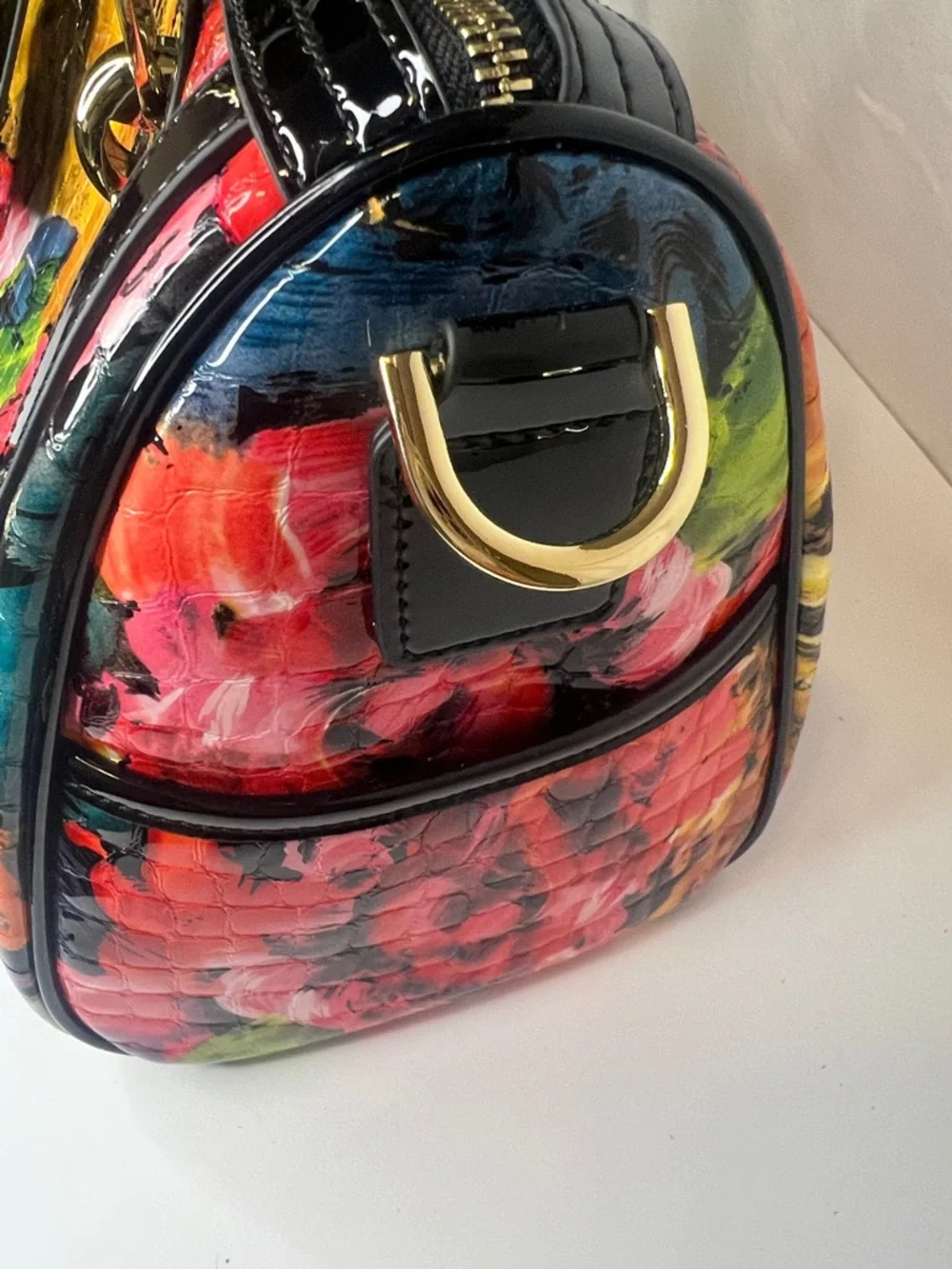 Feimina Genuine Leather embossed Floral Patent Satchel Handbag - Picture 11 of 16
